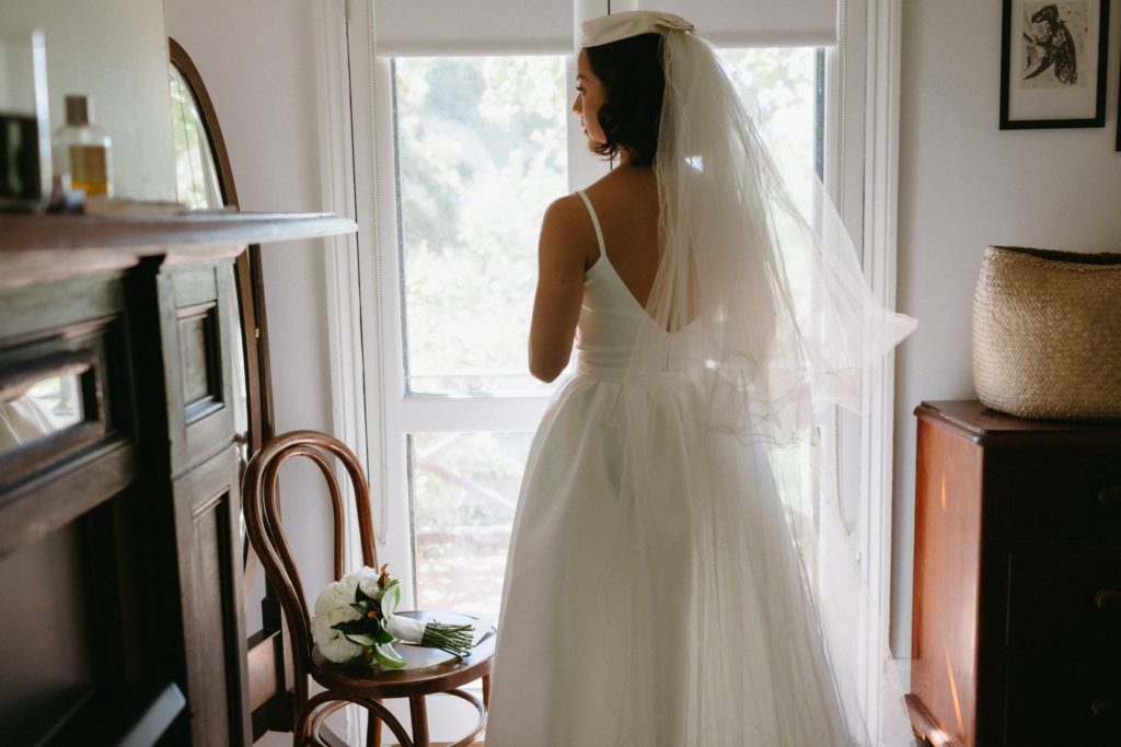 Women wearing elegant wedding dress on her wedding morning